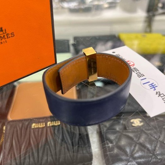 東區正精品㊣HERMES Collier de Chien 24 CDC 藍色皮革金扣手環 U刻 RZ6182-7