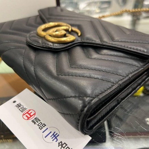 東區正精品㊣GUCCI Marmont Woc 黑色牛皮W紋GG金釦金鍊釦式翻蓋斜背包手拿包 RZ6185-7