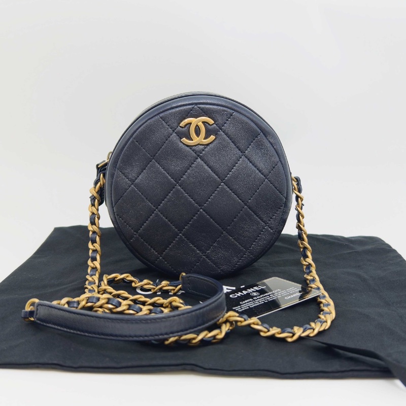 CHANEL藍金圓餅 皮穿鏈肩背斜背鏈條包 15*15*6 98新配件塵袋保卡-1