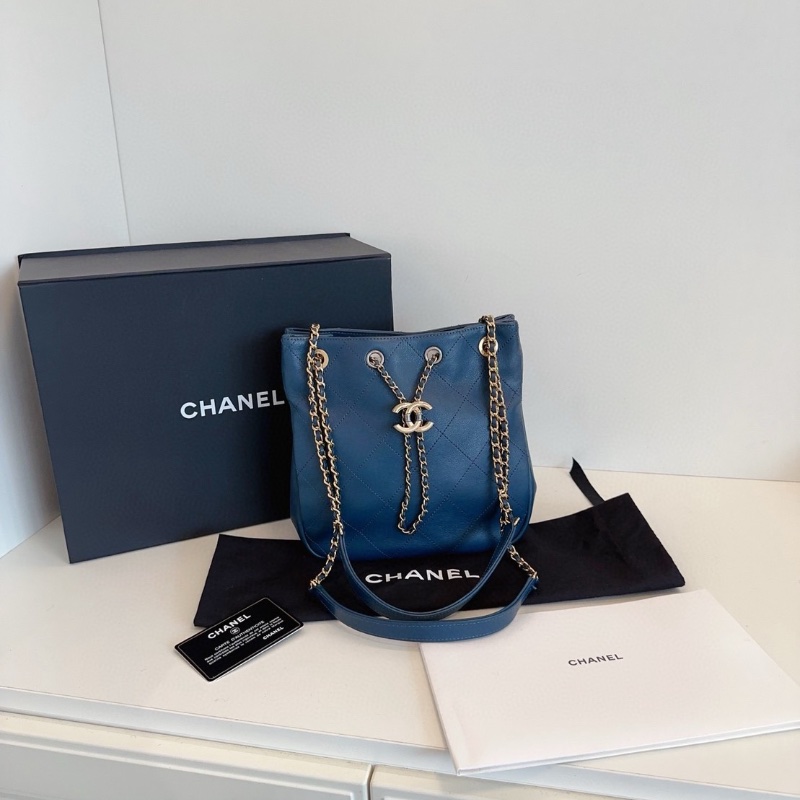 Chanel 19B 藍色鴛鴦扣 埃及 嬉皮包水桶包金銀扣皮穿鏈抽繩 外縫線牛皮23*23*9 99新配件塵袋盒子-1