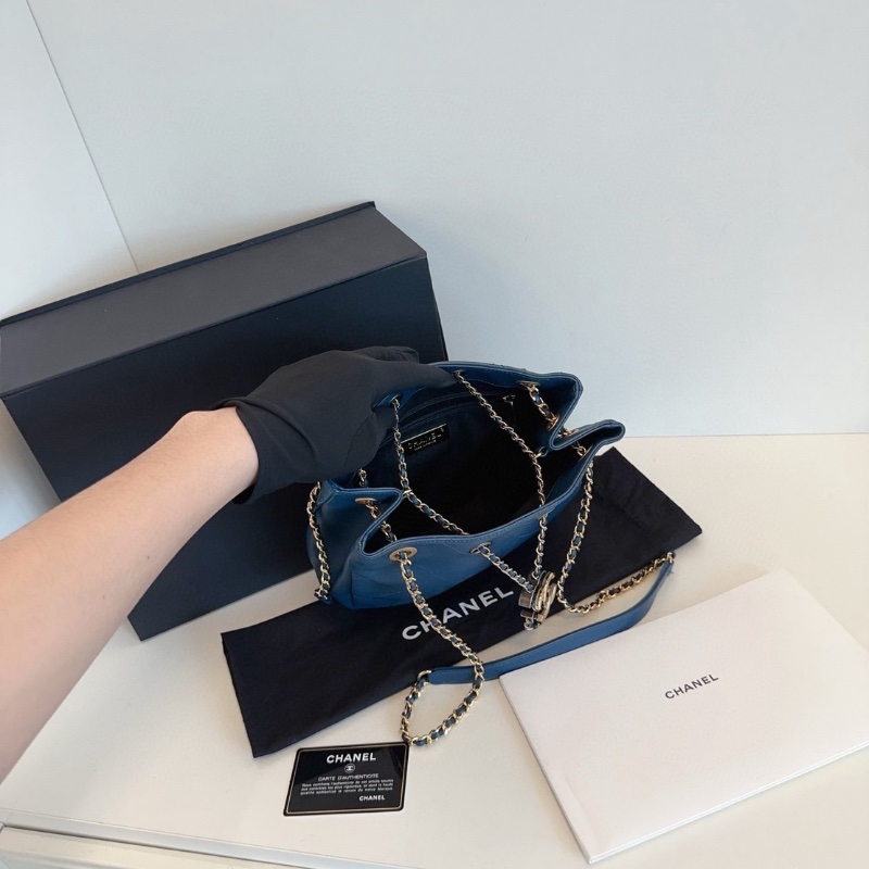 Chanel 19B 藍色鴛鴦扣 埃及 嬉皮包水桶包金銀扣皮穿鏈抽繩 外縫線牛皮23*23*9 99新配件塵袋盒子-2