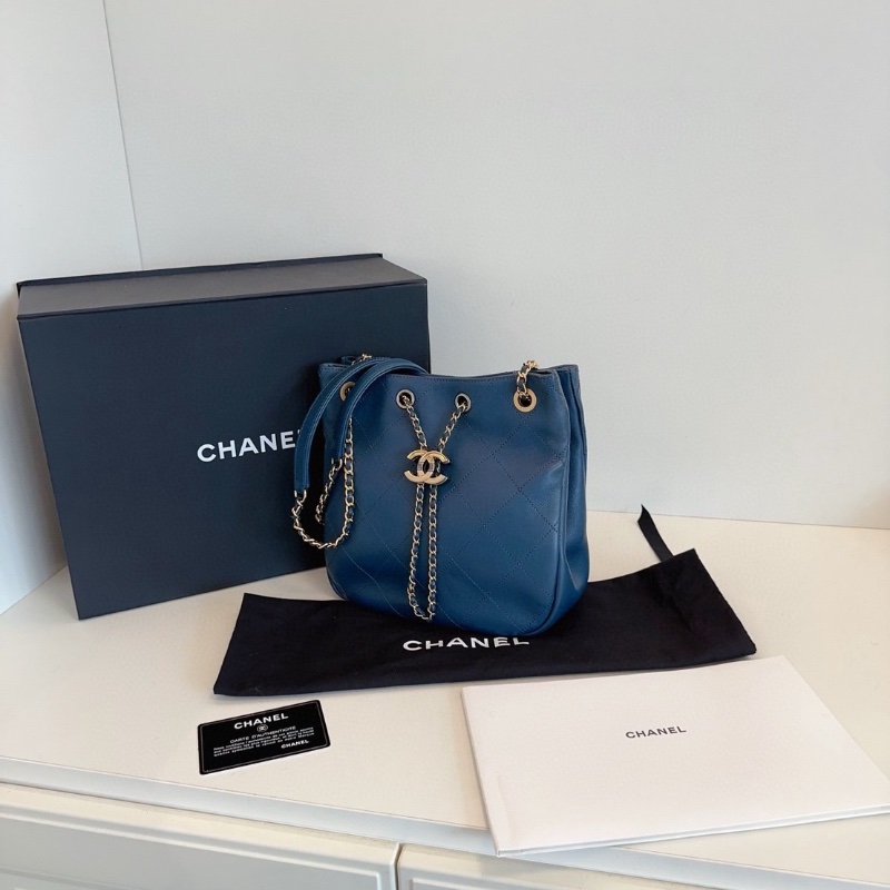 Chanel 19B 藍色鴛鴦扣 埃及 嬉皮包水桶包金銀扣皮穿鏈抽繩 外縫線牛皮23*23*9 99新配件塵袋盒子-4