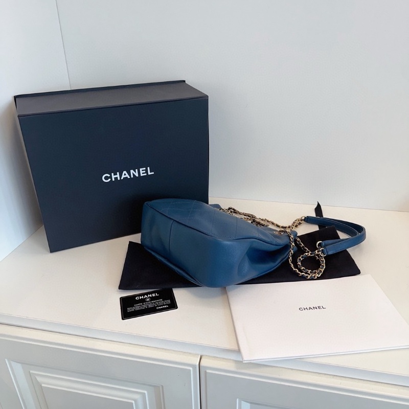 Chanel 19B 藍色鴛鴦扣 埃及 嬉皮包水桶包金銀扣皮穿鏈抽繩 外縫線牛皮23*23*9 99新配件塵袋盒子-5