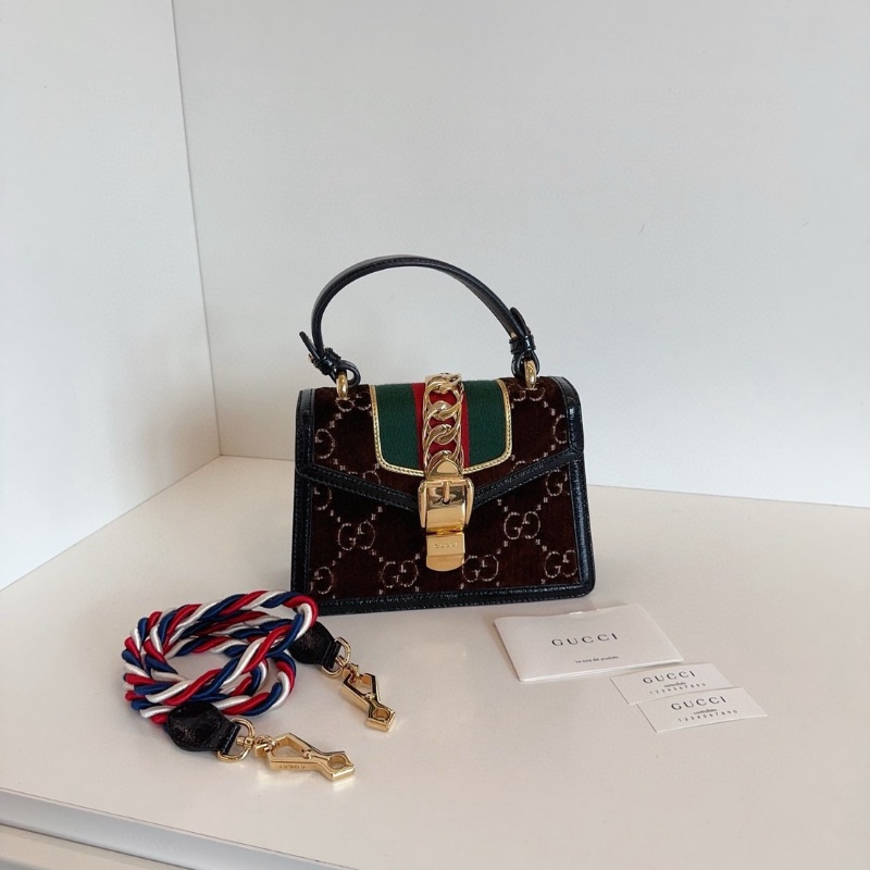 Gucci Sylvie塞爾維亞 棕色金扣絲絨包手提斜背包20*14*7.5 99新配件塵袋-1