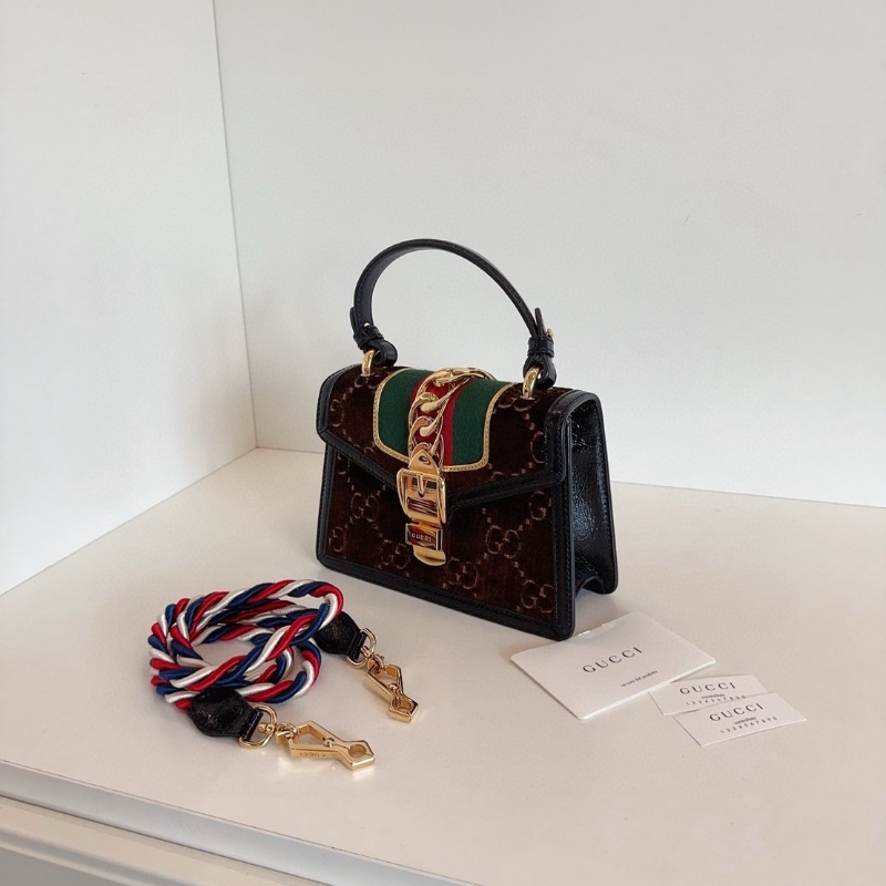 Gucci Sylvie塞爾維亞 棕色金扣絲絨包手提斜背包20*14*7.5 99新配件塵袋-3