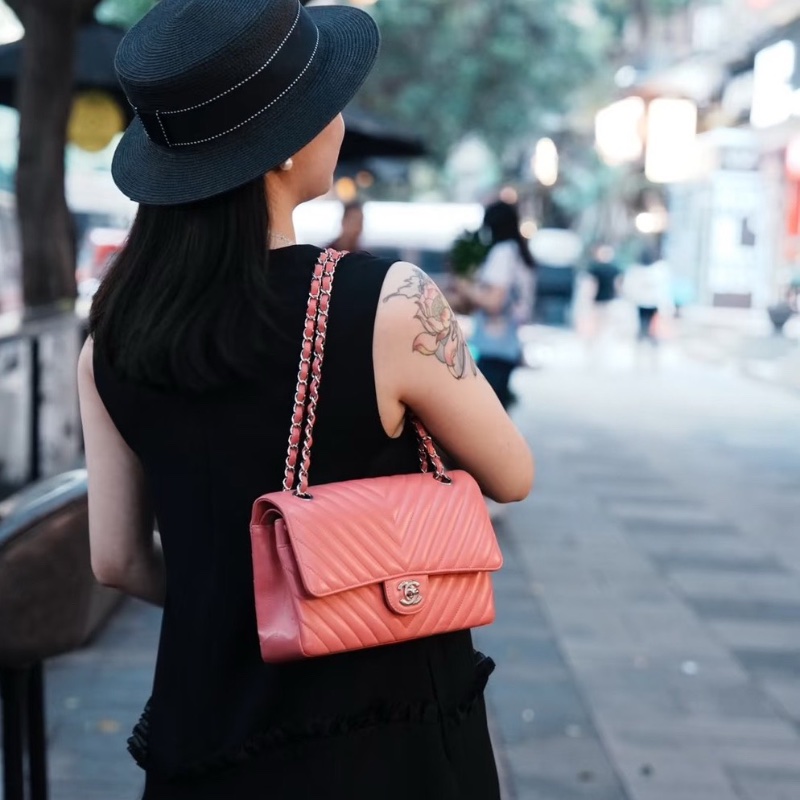 Chanel V紋 橘粉色金扣 CF 中號 26*15*6.5  99新配件塵袋盒子保卡-0