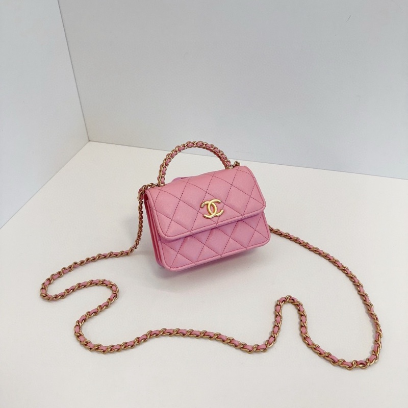 Chanel 22K芯片款 粉色金扣 mini kelly 手柄 小風琴包 手提斜背包 13*10*5.5  99新配件塵袋-3