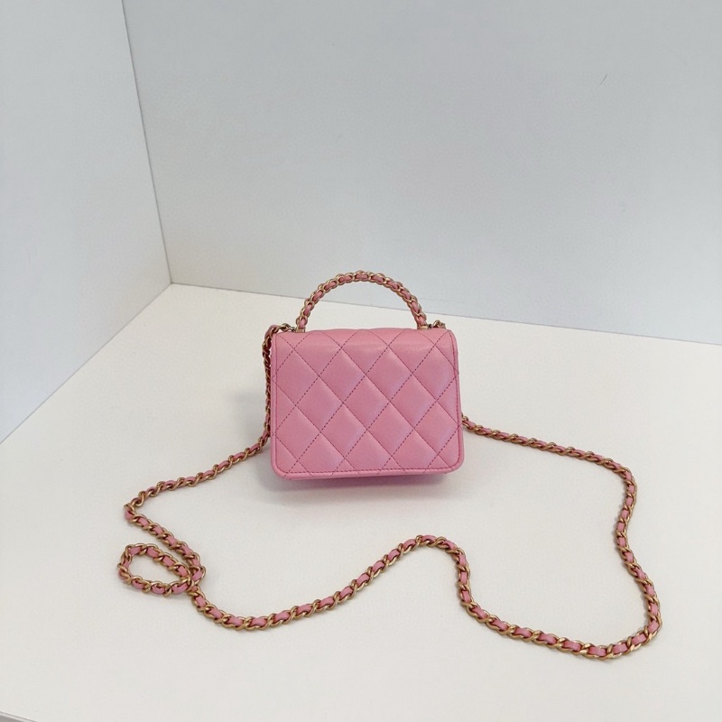 Chanel 22K芯片款 粉色金扣 mini kelly 手柄 小風琴包 手提斜背包 13*10*5.5  99新配件塵袋-6