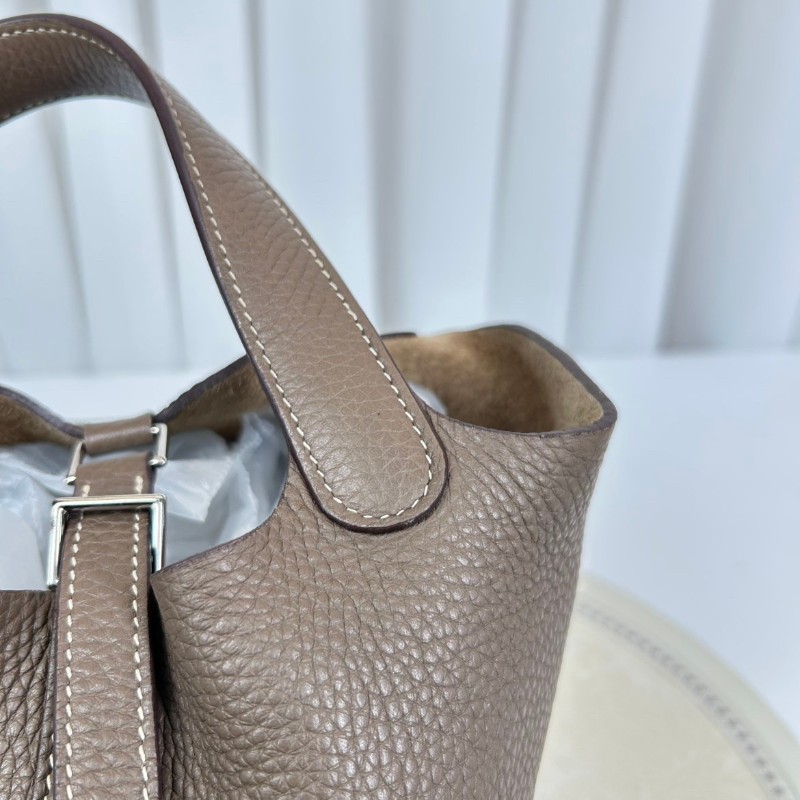 SH ZymHERMES愛馬仕 C刻 Picotin Lock Lock 18 銀扣 Taurillon Clemence小公牛皮 菜籃子水桶包手提包 Etoupe大象灰-14