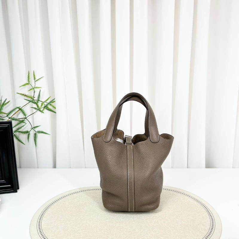 SH ZymHERMES愛馬仕 C刻 Picotin Lock Lock 18 銀扣 Taurillon Clemence小公牛皮 菜籃子水桶包手提包 Etoupe大象灰-1