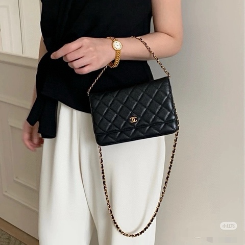 Chanel 香奈兒 黑金logo 菱格紋短款卡包錢包