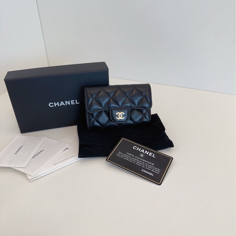 Chanel 香奈兒 黑金logo 菱格紋短款卡包錢包-2