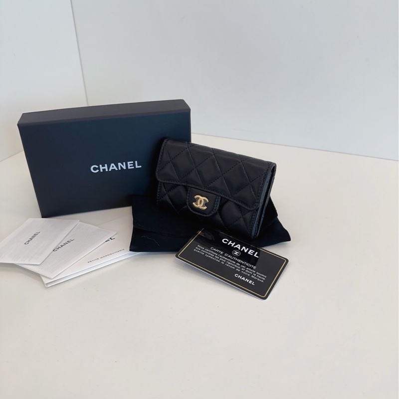 Chanel 香奈兒 黑金logo 菱格紋短款卡包錢包-4