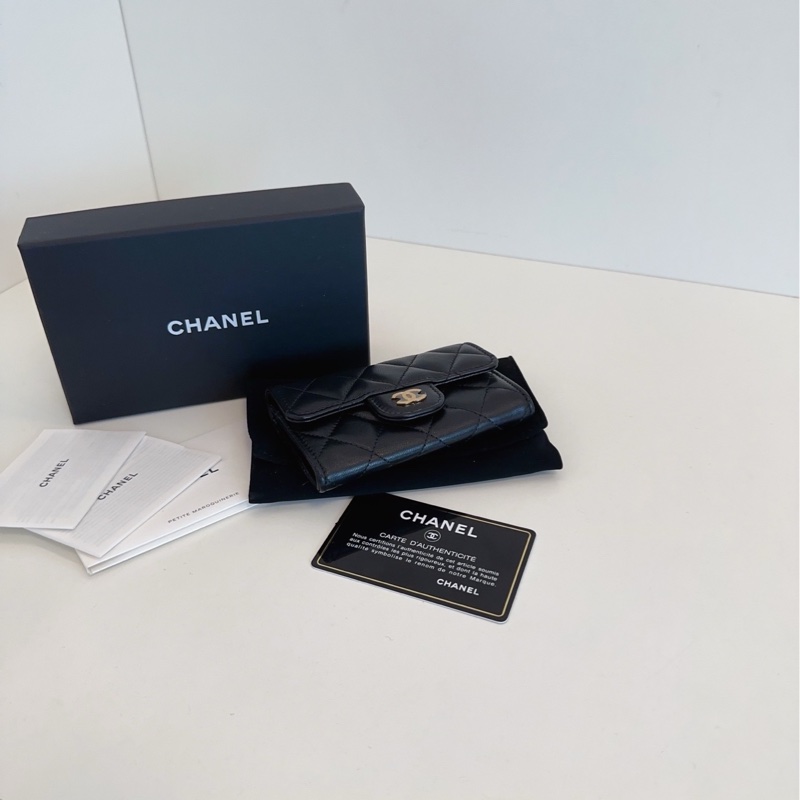 Chanel 香奈兒 黑金logo 菱格紋短款卡包錢包-5