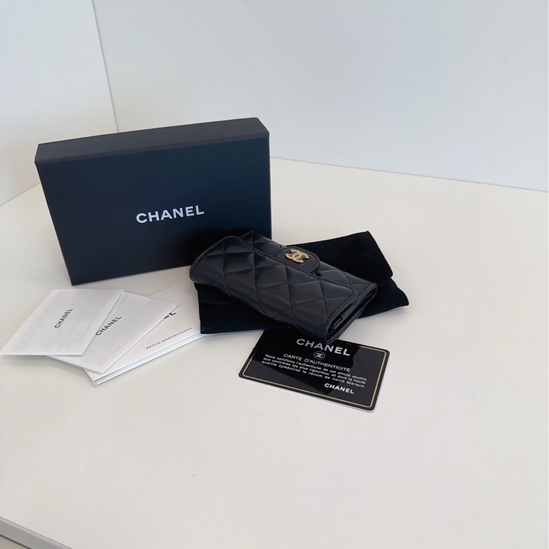 Chanel 香奈兒 黑金logo 菱格紋短款卡包錢包-6