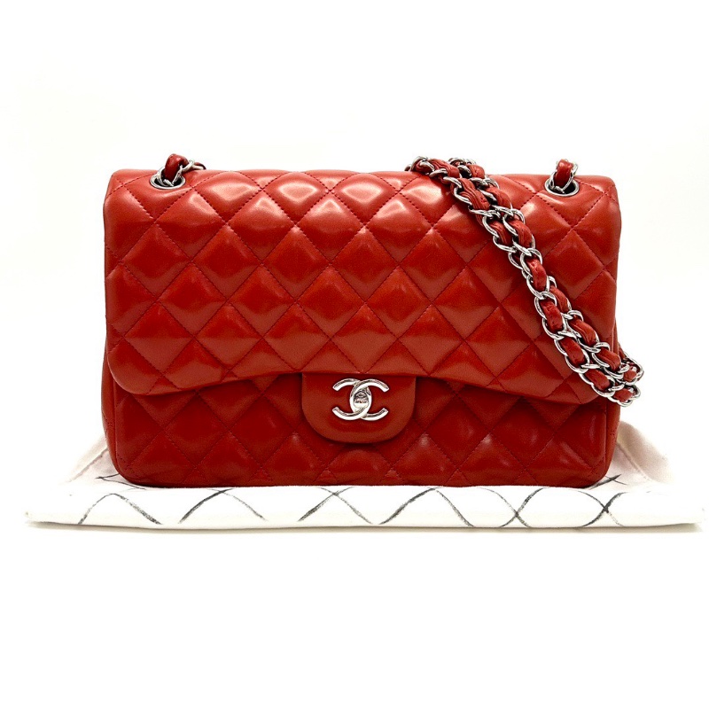 CHANEL紅銀羊皮   CFjumbo肩背斜背鏈條包30*18*9 98新配件塵袋-1