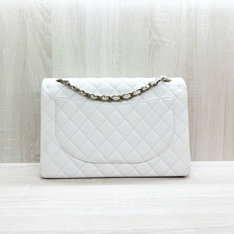 CHANEL白色荔枝皮金釦MAXI JUMBO/A58601-1