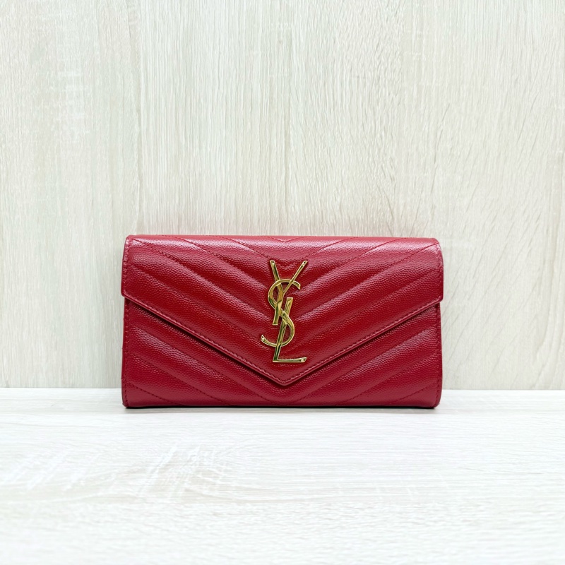 YSL紅色金釦粒紋牛皮山形紋下蓋長夾372264-0
