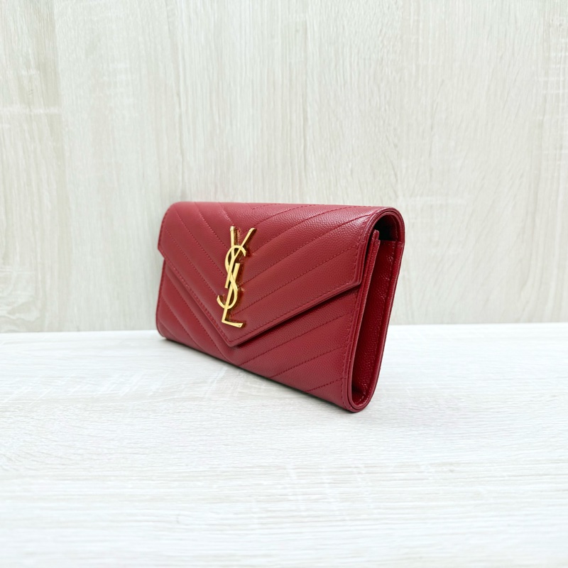 YSL紅色金釦粒紋牛皮山形紋下蓋長夾372264-2