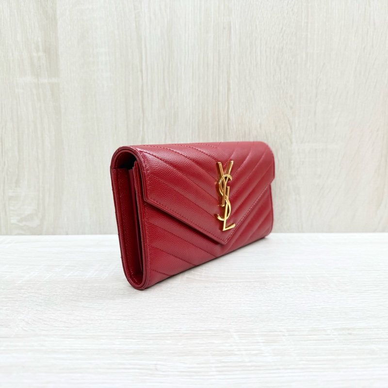 YSL紅色金釦粒紋牛皮山形紋下蓋長夾372264-3