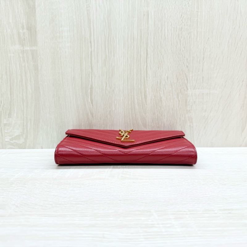 YSL紅色金釦粒紋牛皮山形紋下蓋長夾372264-4