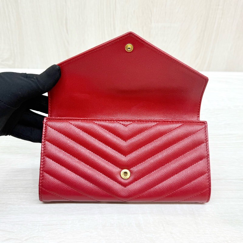 YSL紅色金釦粒紋牛皮山形紋下蓋長夾372264-7
