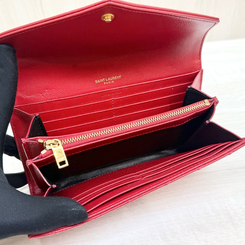 YSL紅色金釦粒紋牛皮山形紋下蓋長夾372264-9