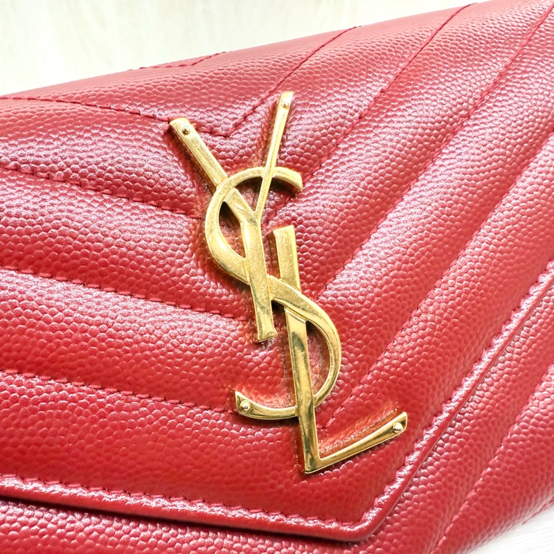 YSL紅色金釦粒紋牛皮山形紋下蓋長夾372264-16