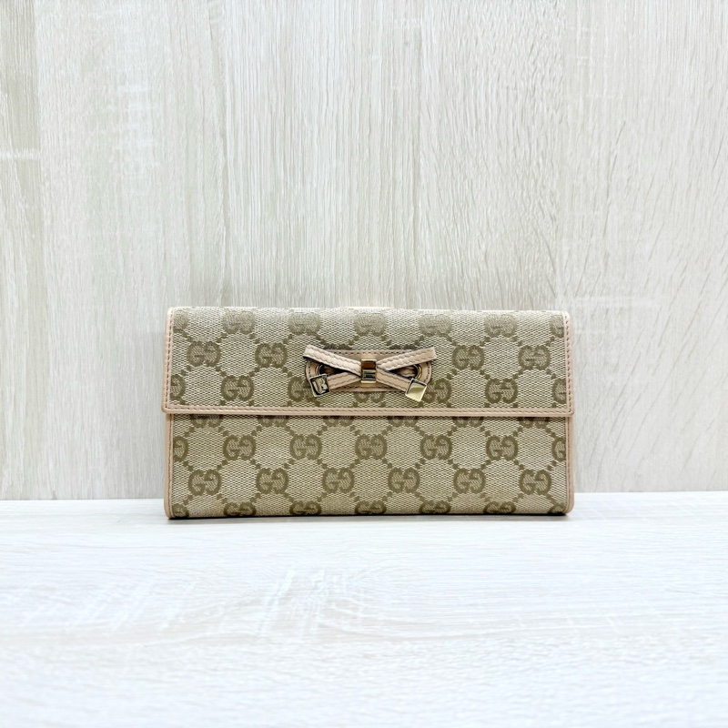 GUCCI皮夾緹花布拚淡粉蝴蝶結造型下蓋雙面長夾-0