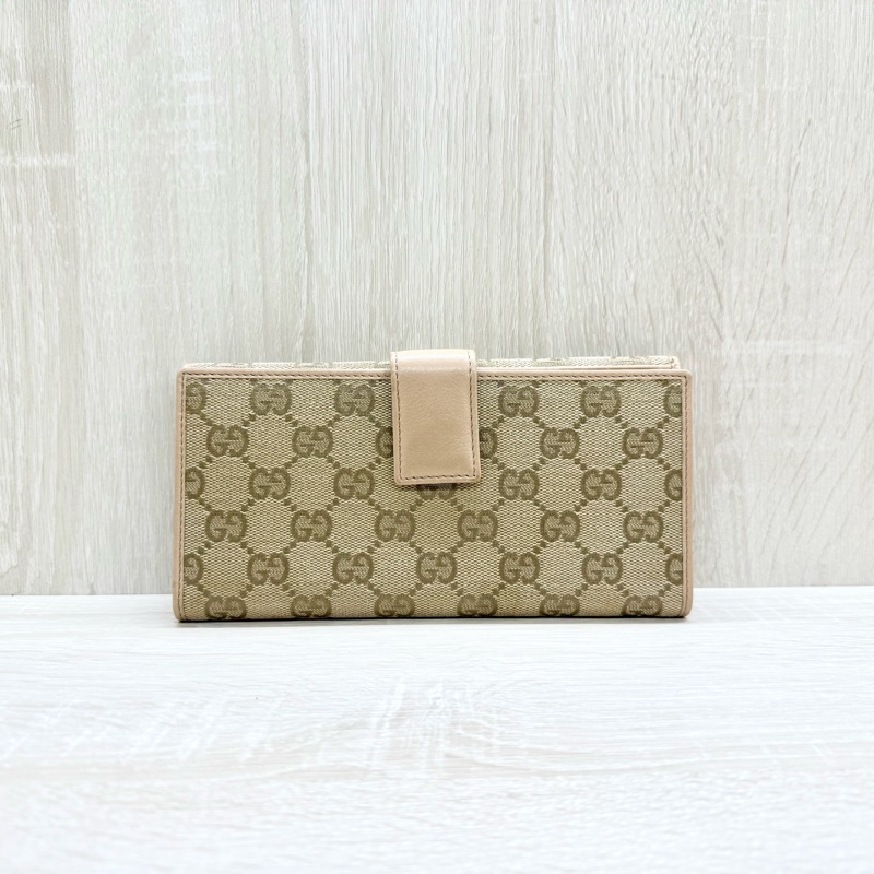 GUCCI皮夾緹花布拚淡粉蝴蝶結造型下蓋雙面長夾-1