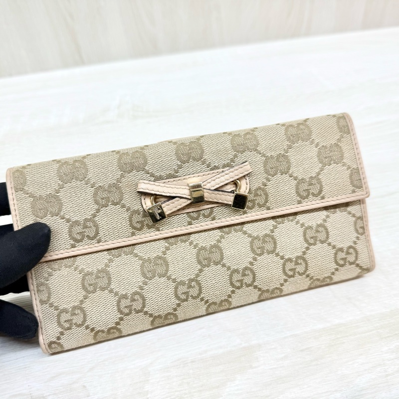 GUCCI皮夾緹花布拚淡粉蝴蝶結造型下蓋雙面長夾-5