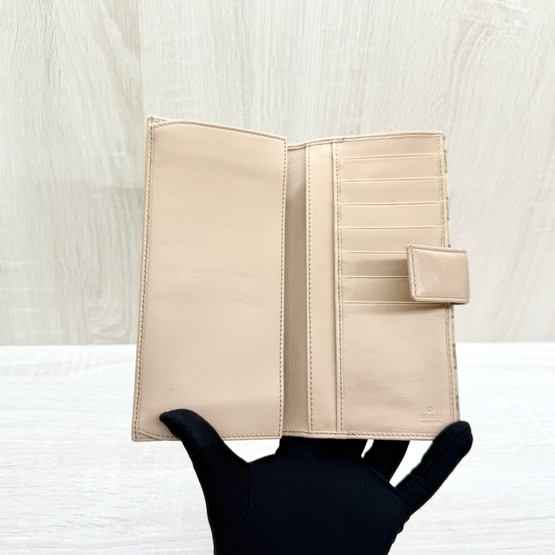 GUCCI皮夾緹花布拚淡粉蝴蝶結造型下蓋雙面長夾-8