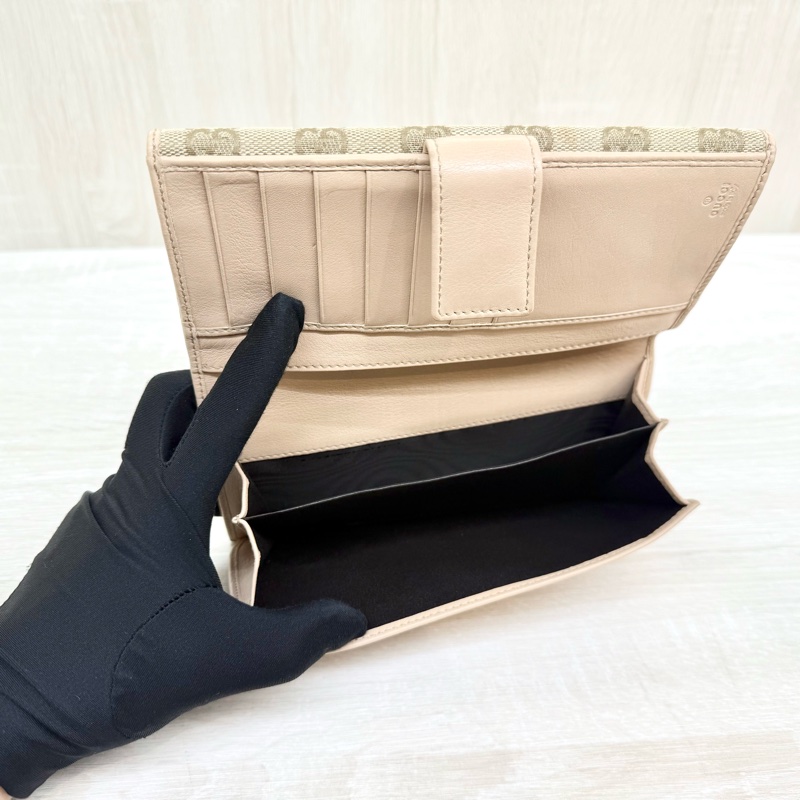 GUCCI皮夾緹花布拚淡粉蝴蝶結造型下蓋雙面長夾-9