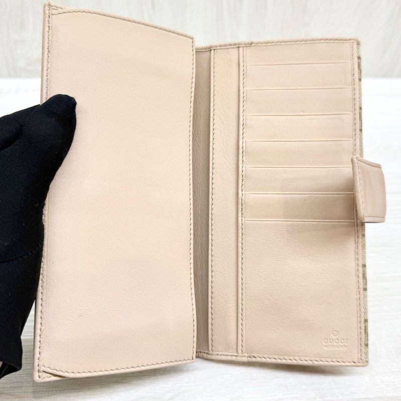 GUCCI皮夾緹花布拚淡粉蝴蝶結造型下蓋雙面長夾-12