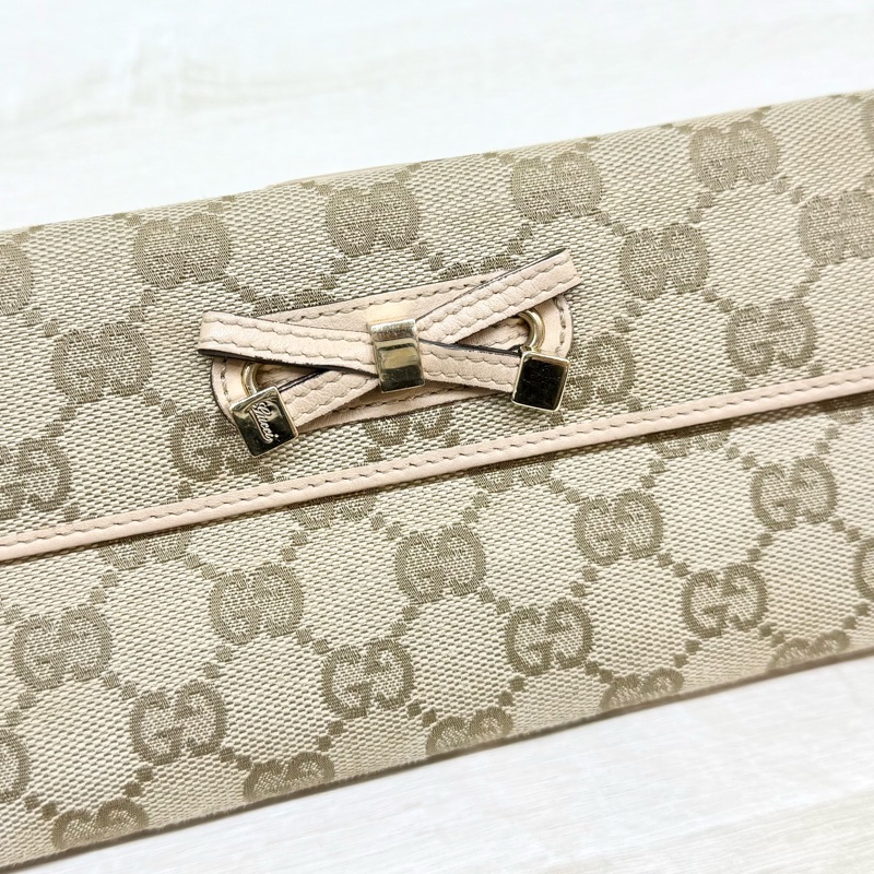 GUCCI皮夾緹花布拚淡粉蝴蝶結造型下蓋雙面長夾-13