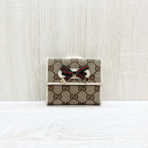 GUCCI米白色拼帆布紅綠蝴蝶結CANVAS PRINCY短夾