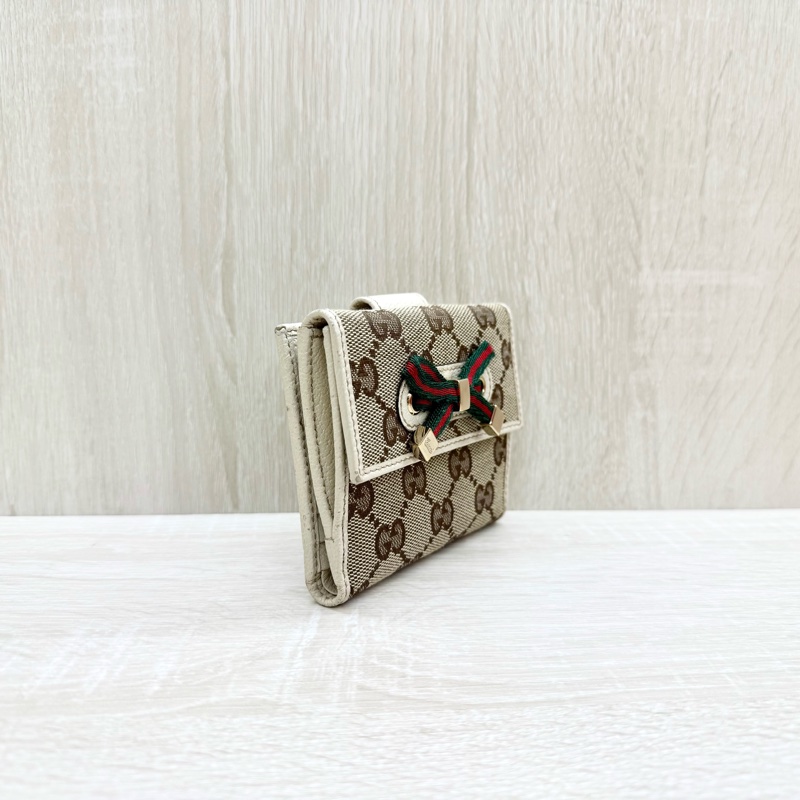 GUCCI米白色拼帆布紅綠蝴蝶結CANVAS PRINCY短夾-3
