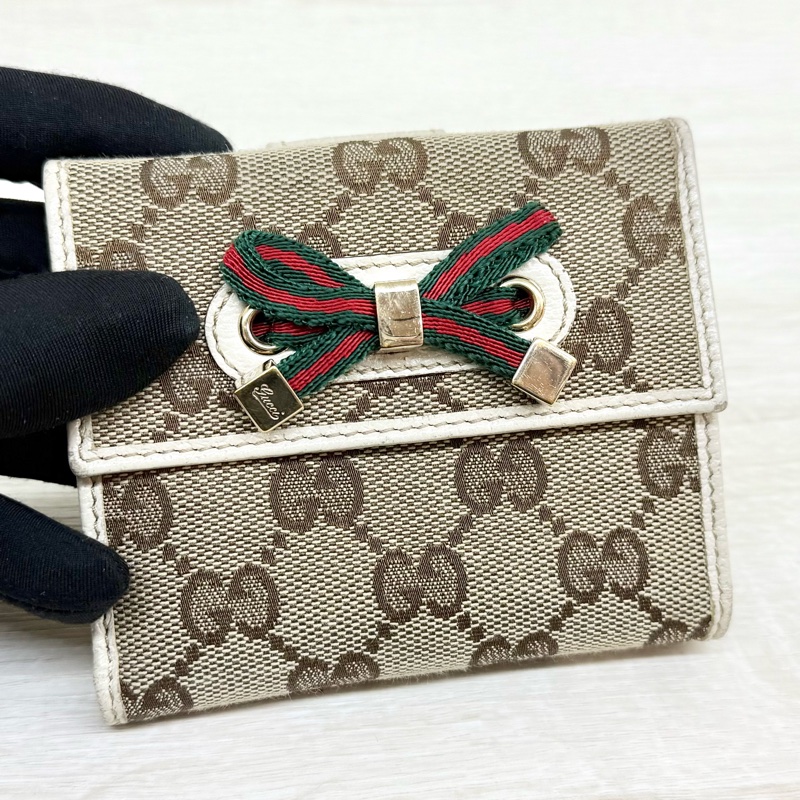 GUCCI米白色拼帆布紅綠蝴蝶結CANVAS PRINCY短夾-17