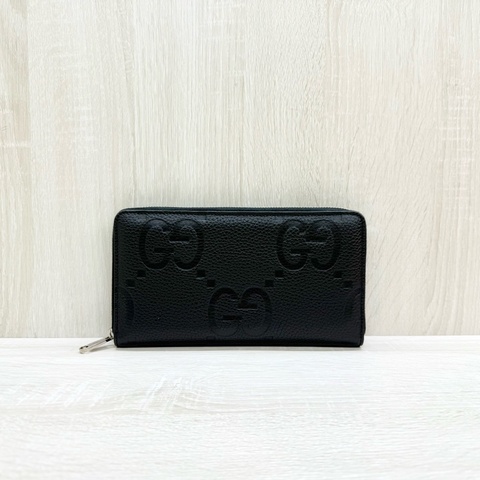 GUCCI黑色牛皮大G壓紋LOGOㄇ拉JUMBO拉鍊長夾