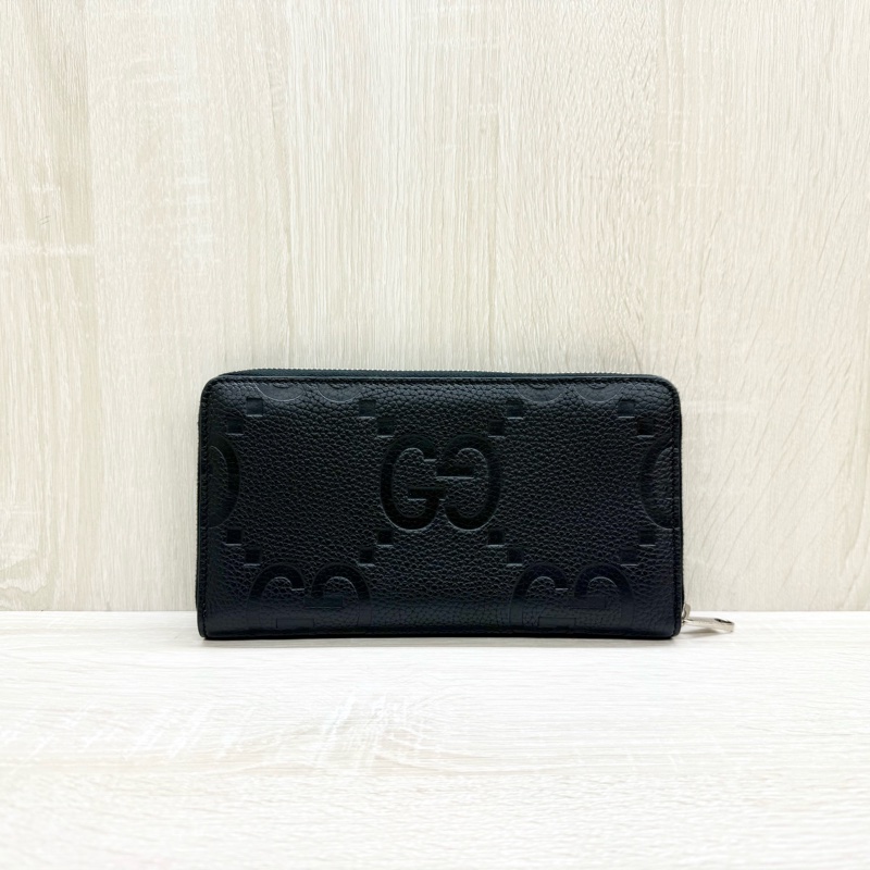 GUCCI黑色牛皮大G壓紋LOGOㄇ拉JUMBO拉鍊長夾-1