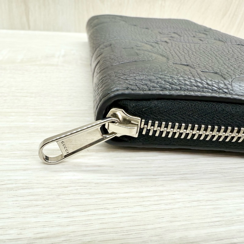 GUCCI黑色牛皮大G壓紋LOGOㄇ拉JUMBO拉鍊長夾-15