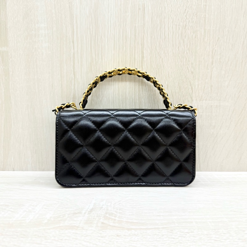 CHANEL 黑金菱格紋小牛皮鏈帶mini手機包AP3242B-2