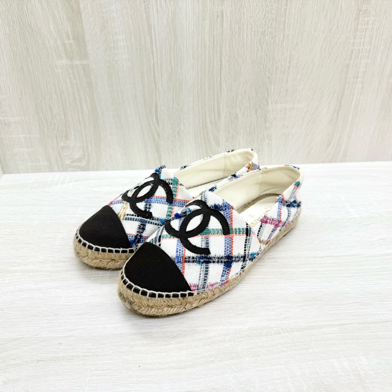 CHAENL白底黑雙C彩色編織草編鞋-0