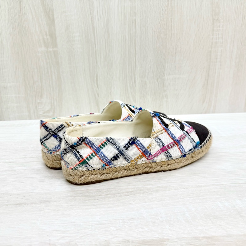 CHAENL白底黑雙C彩色編織草編鞋-2