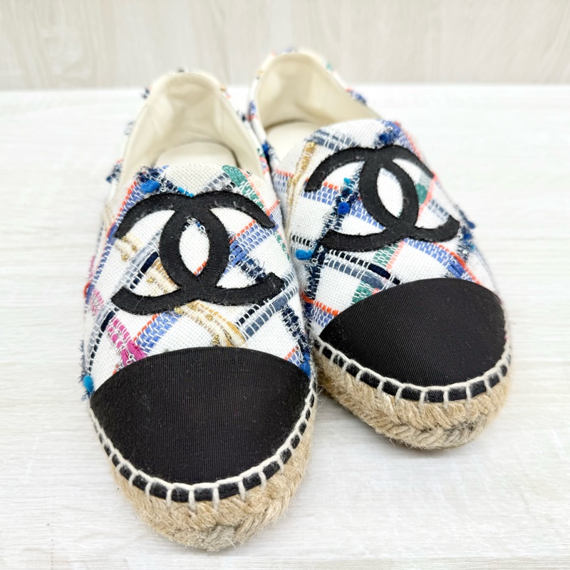 CHAENL白底黑雙C彩色編織草編鞋-5