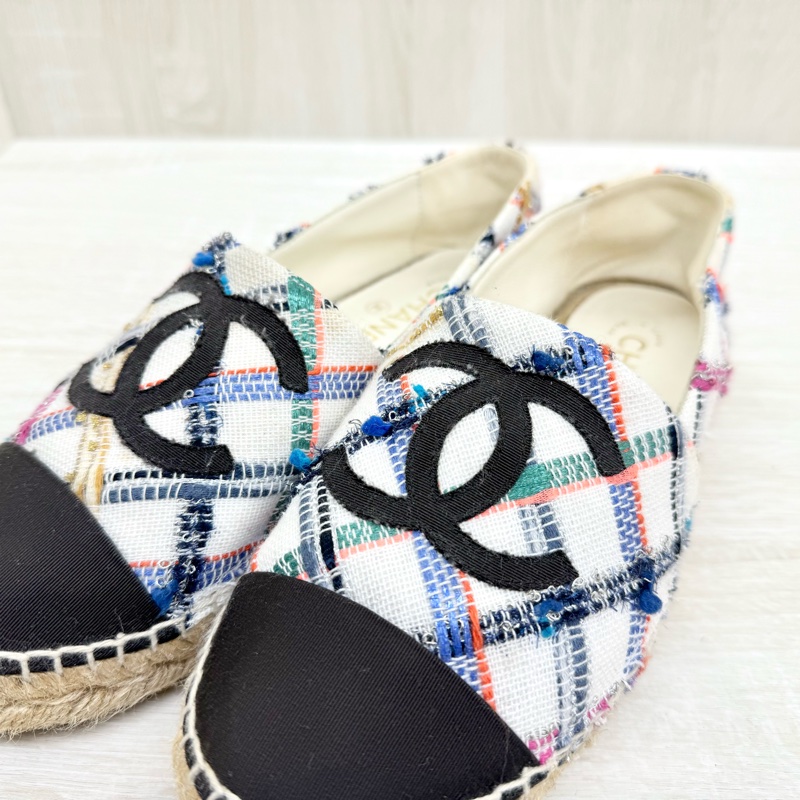 CHAENL白底黑雙C彩色編織草編鞋-6
