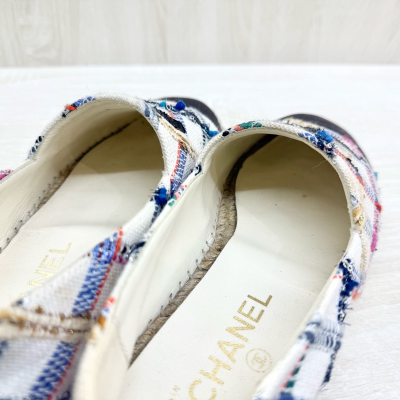 CHAENL白底黑雙C彩色編織草編鞋-7