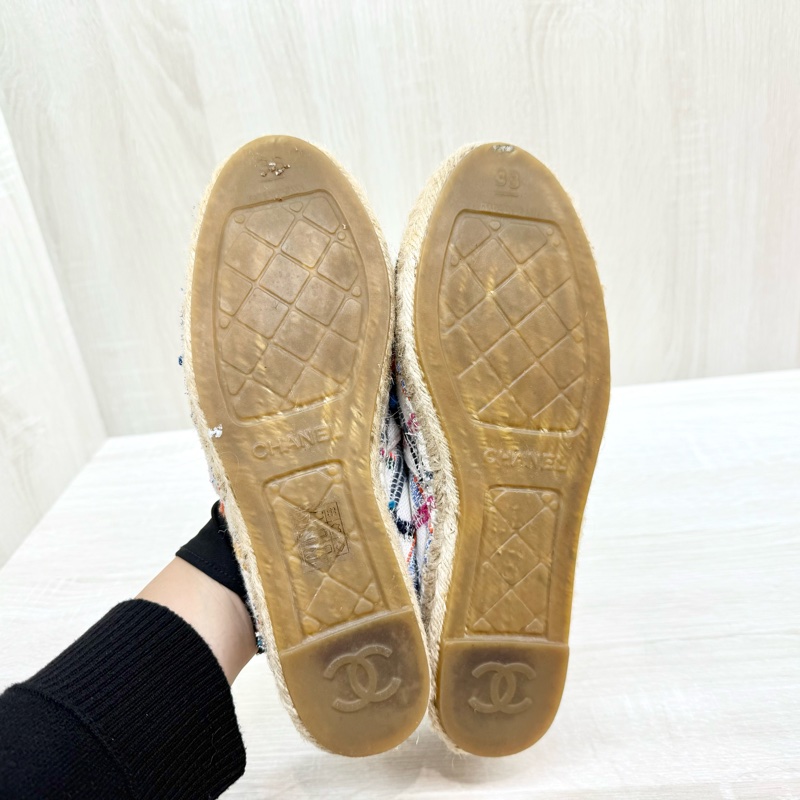 CHAENL白底黑雙C彩色編織草編鞋-8