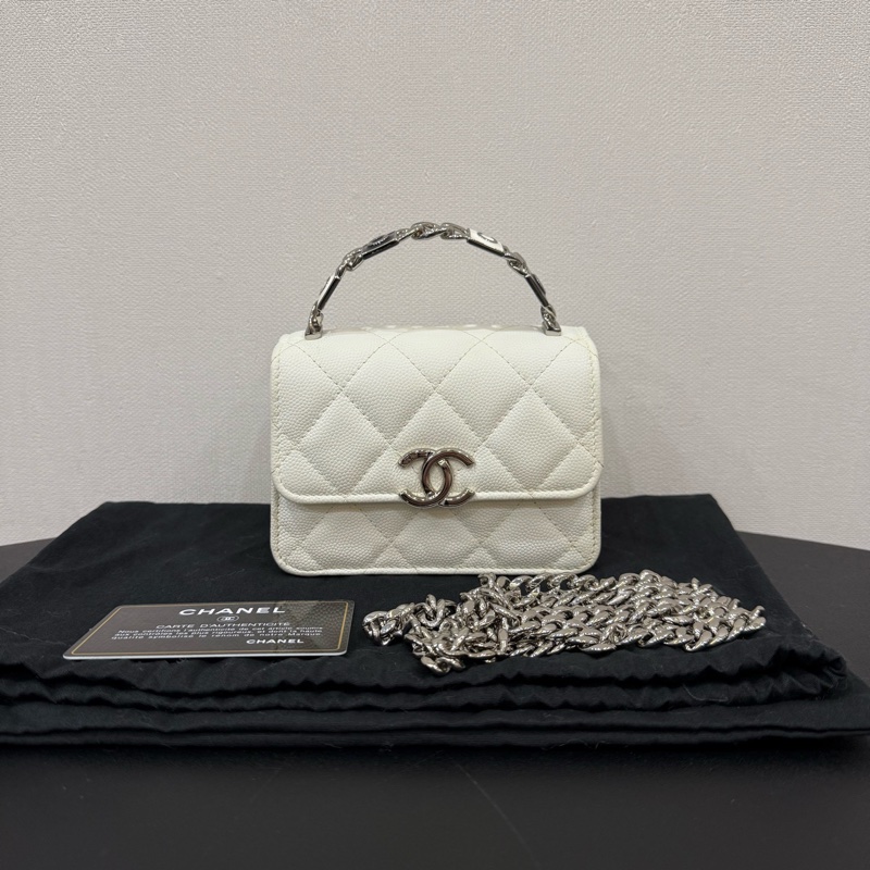 Chanel 香奈兒 22S 荔枝紋牛皮琺瑯手柄 Mini 小廢包 白-0