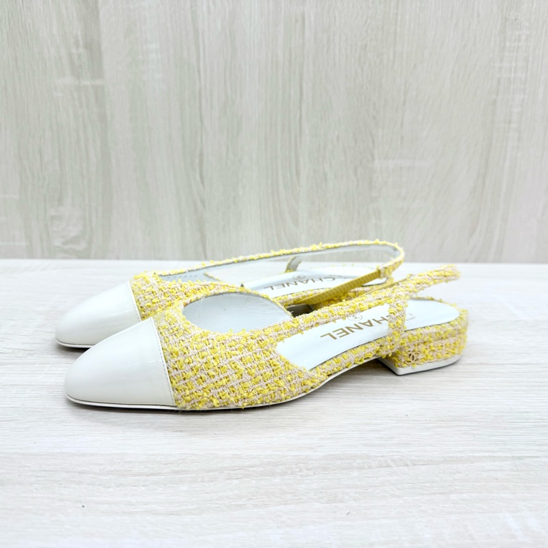CHANEL黃色毛呢拚白皮革尖頭低跟涼鞋G31319-1